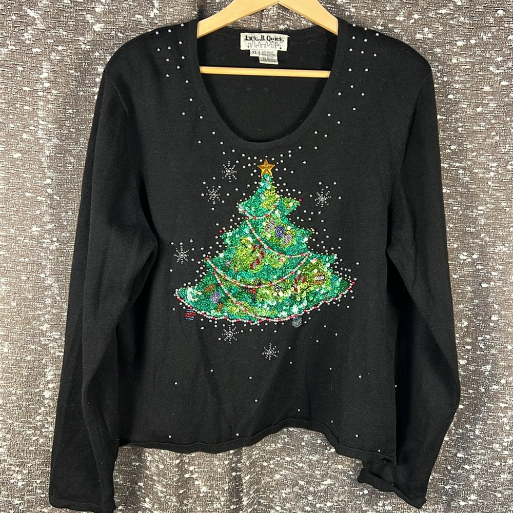 Jack B. Quick Christmas Tree Sweater Top Large Beaded Sequin‎ Black